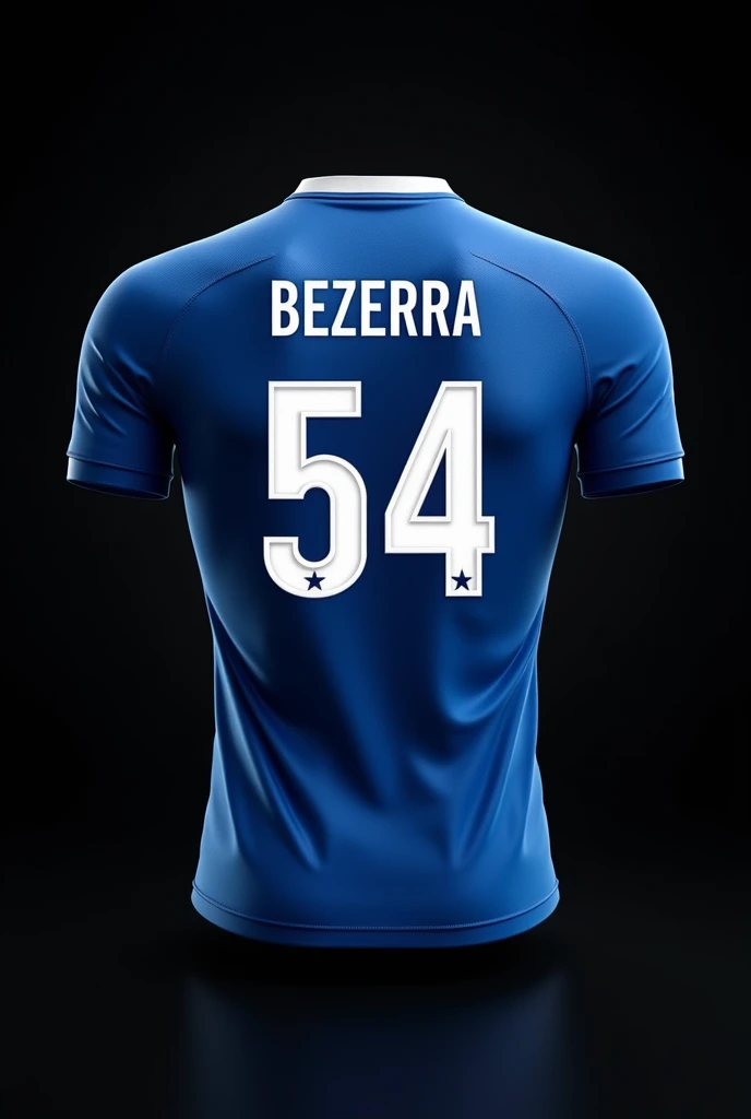  Create an image of an interclass uniform
Primary color: blue (predominant)
Secondary Color: White (details)
him:  Greece 
Name behind the shirt : Bezerra 
Number  : 54
Only with the full two-sided uniform, on a black background