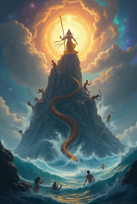 A realistic and vibrant depiction of the Samudra Manthan from Hindu mythology. The scene features Mount Mandara as the central churning rod, resting on Lord Vishnu in his Kurma (turtle) avatar, with the serpent Vasuki used as the churning rope. Devas (gods...