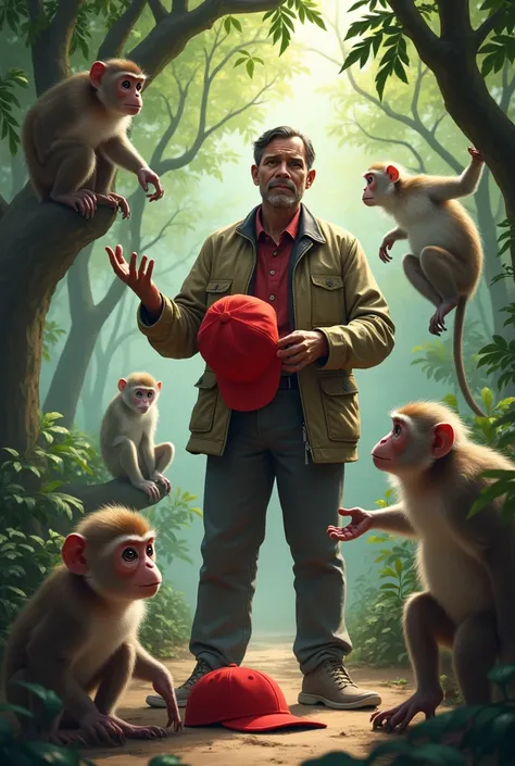 The cap seller dramatically removing his own cap and throwing it onto the ground. The cap is bright red and lands neatly in front of him. The monkeys on the branches look surprised and slightly confused, staring at the cap on the ground. The cap sellers ex...