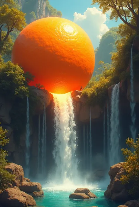 “An orange-colored waterfall, with an orange fruit at its source, and water overflowing and flowing out from the fruit.”