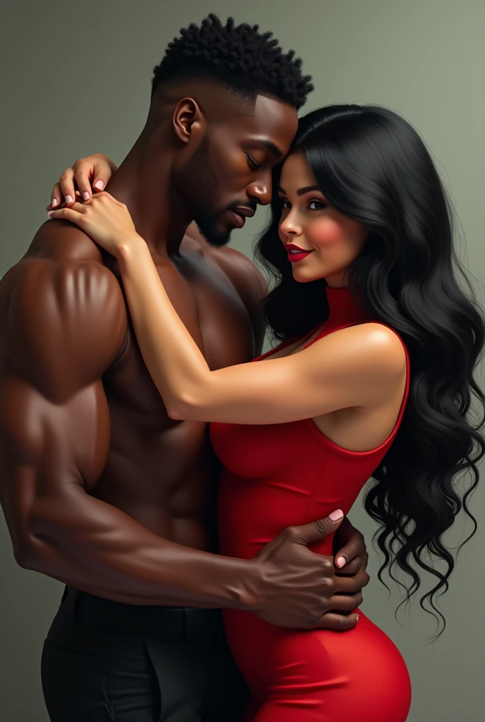 Sexy black male ，Holding his wife(White girl ,  white skin, Hairy Breasts, Big breasts, Straight black hair ,  detailed fingers and nails,  mischievous smile ,  stout body from the front ,  Sexy Body, Waist curve,Airline stewardess)