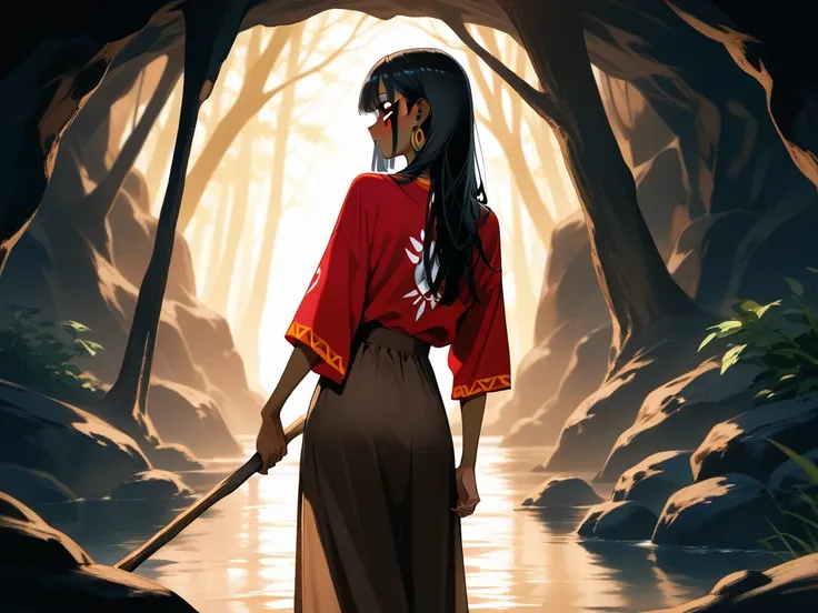 Mulher adulta de Indigenous appearance,  long black hair ,  tanned skin , Indigenous appearance, red tribal makeup , They only have one arm ,  wearing a black top and a long brown skirt , holding a thick wooden stick in his one hand, Scenery inside a dark ...