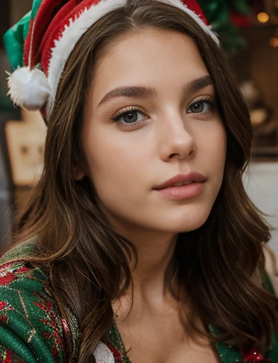 portrait of thylane, brown hair, cleavage, wearing Christmas suit.