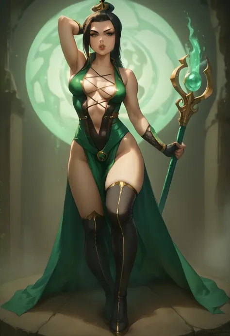 Azula from Avatar The Last Airbender wearing a sexy and modernized version of Jades outfit from Mortal Kombat, a tight emerald-green bodysuit with gold accents that highlights her curvy figure with large breasts, a slim waist, and thick thighs, the bodysui...