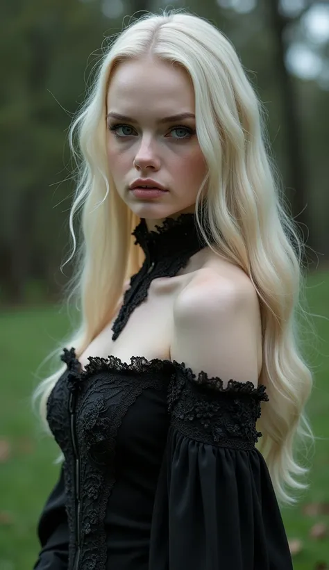 RAW Photo, Ultra Masterpiece, Portrait of a beautiful pale gothic maiden, age 21, height 175 cm, 34-24-36 body figure, beautiful long blonde hair, beautiful Charcoal Pallete color dress, cleavage, embroidery and lace, Baroque, very intricate, highly detail...