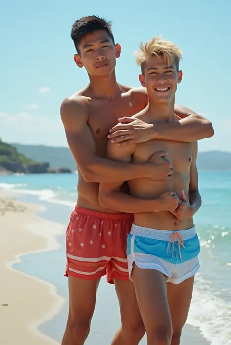 High-quality photo of two eighteen-year-old guys on a beach. An exceptionally tall, slender but muscular Asian boy, playfully captures a much shorter, very compact, athletic-looking blond, blue-eyed White guy.