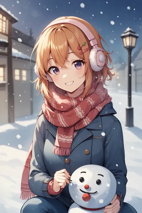 Kogane Tsukioka,  1 girl , snowman, Earmuffs, Alone, smile,  scarf, snow, , hair accessories,  Open Mouse, snowing, winter, ãà¼ ããã ¡ãããã³ ,  outdoor,  the background is blurry , leaf, scrunchie,  is written by,  hair clip,  Dutch Angle,  Blurry Background...