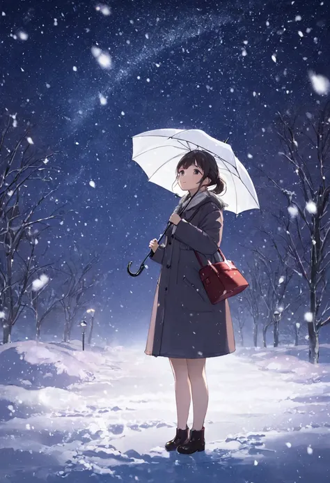 1 girl、Hold an umbrella、 snows、❄️、Night Sky