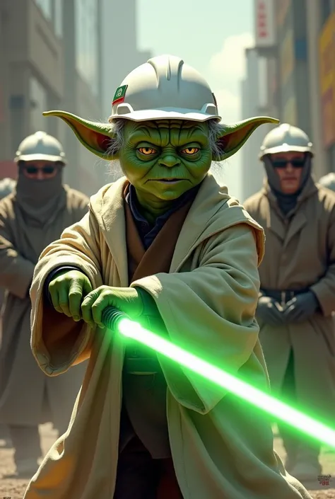 Realistic Master Yoda in combat position about to attack with his green sword and white helmet as a construction engineer defending the logo of the Peruvian College of Engineers from mobsters