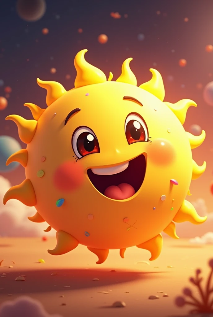 An animated sun with a bite mark on it