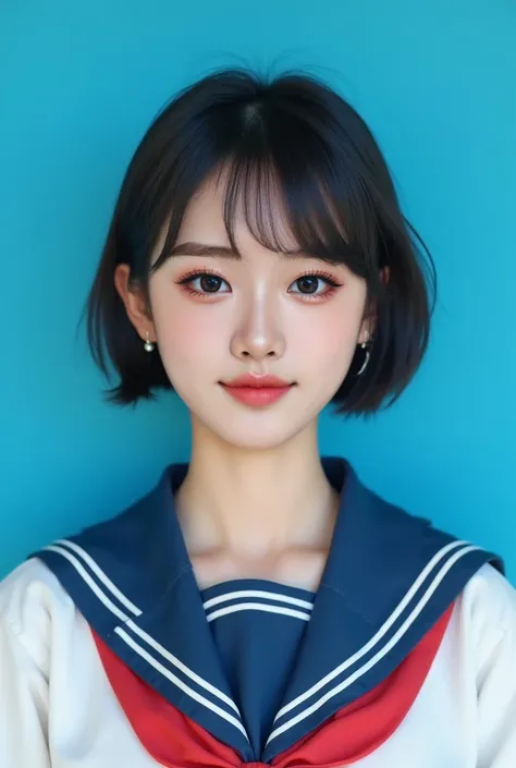 Make this girl take a picture that looks like an ID photo , so we can see her whole face very well，Eyes looking at the camera，Front view， blue background，A woman dressed in a Japanese college costume poses for a photo， blue background一寸证件照， HD，Frontal shot...