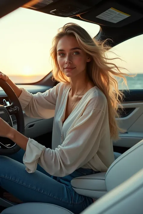 Lamborghini Urus dashboard ,  with white leather interior details.  A beautiful 19-year-old American blonde woman , light blue eyes,  wearing jeans and a Loui Viton blouse, Her hands behind the wheel  , The wind blowing her hair , Shes smiling looking at t...