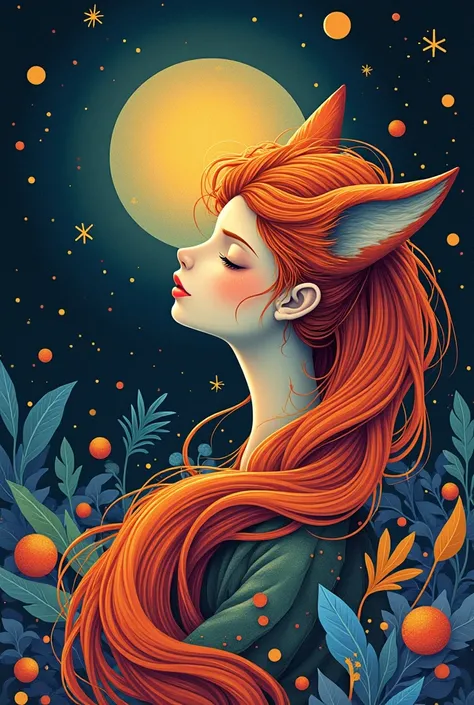 score_9, score_8_up, score_7_up, Create a colorful abstract highly detailed image, a vibrant digital artwork depicting a serene female anthro fox figure with her eyes closed and her head tilted upwards. Her long, wavy copper hair falls down her back and is...