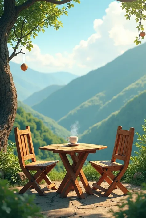 A picture of nature on the Doi with a table and a cup of coffee with chairs