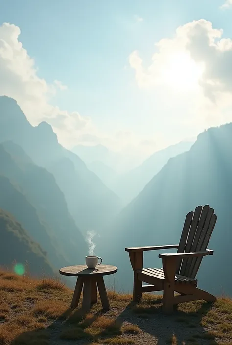 It shows a bright sky, a lot of clouds, fog covering the mountains, 1 wooden chair, 1 table and a cup of coffee.