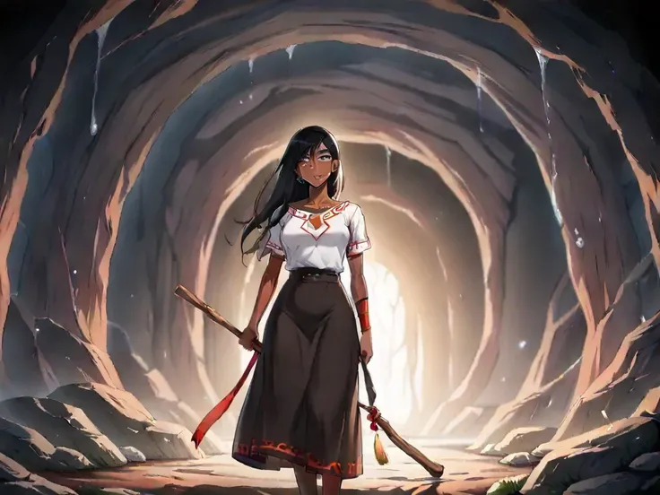 Adult woman of indigenous appearance, long black hair, tanned skin, indigenous appearance, red tribal makeup, only has one arm, wearing a black top and a long brown skirt, holding a thick wooden stick in her only hand, scene inside a dark cave with a lake ...