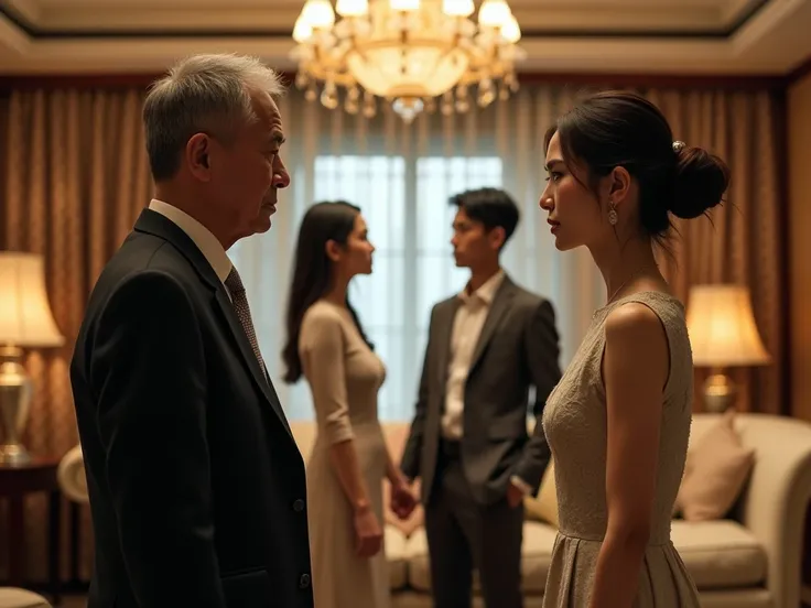 A very tense Asian family scene featuring an older couple and a younger couple staring at each other in a luxurious setting. The older couple consists of a 50-year-old man in a black suit with a tense expression and a 50-year-old woman with an angry, scowl...