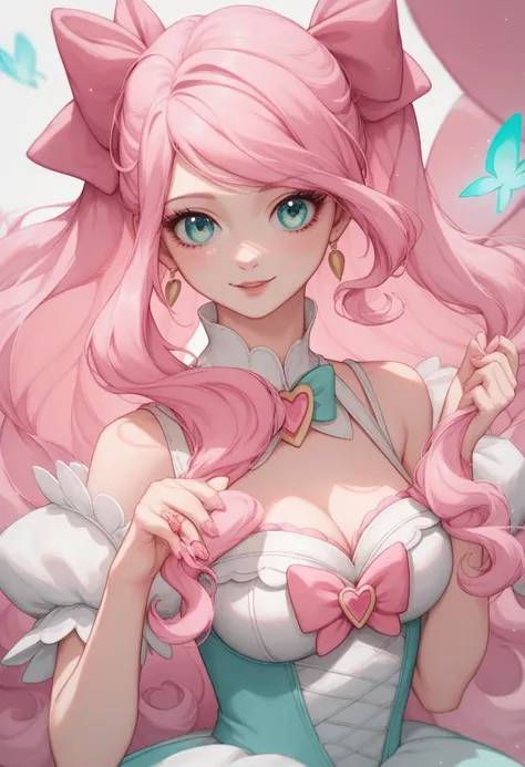 score_9, score_8_up, score_7_up, score_6_up, score_5_up, score_4_up, cute anime,there is a woman with pink hair and pink bows on her head, belle delphine, pink straight hair, pink twintail hair and cyan eyes, wearing pink hair bow, with pink hair, long flo...