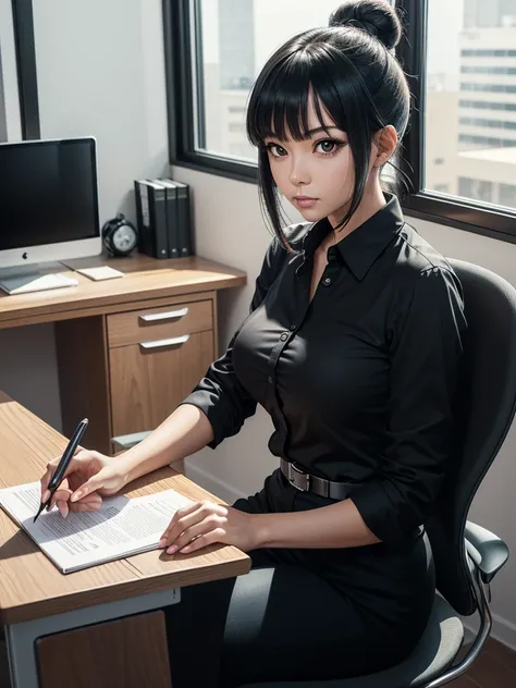 ((solo)), ((1 girl)), mature and adult woman, sitting at the desk, office room, looks straight at the viewer, concerned look, bangs, black hair, single hair bun, sidelocks, black anime eyes, black buttoned shirt, large breasts, chi chi, DragonBall art styl...