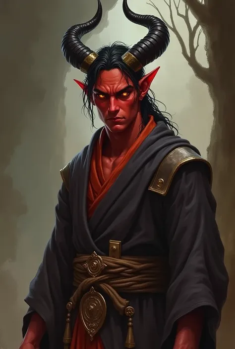 character of d&d tiefling masculino
, with warm red skin with a black tip black and gold horns golden eyes without a pupil with a nervous expression wearing monks clothes