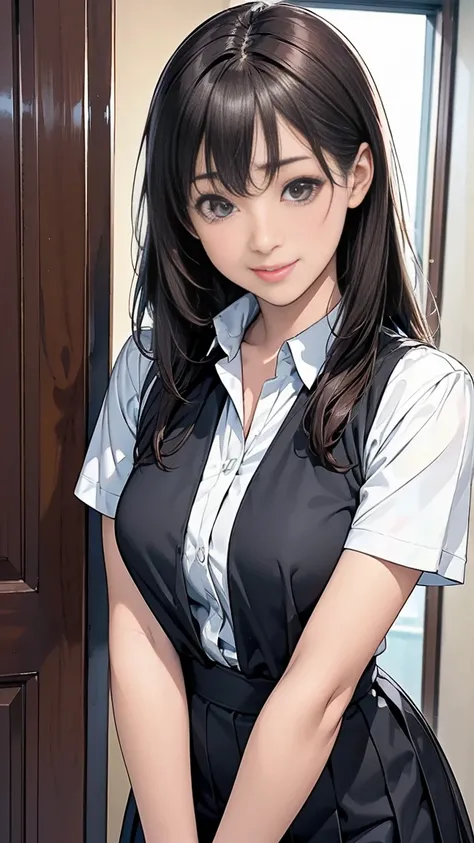 Young woman, Ayumi Murai, high school uniform, long hair, black or dark brown hair, tall, mysterious aura, asking for magical help, interest in black magic, playful expression, slightly curious gaze, gentle smile, youthful vibe, magic-related elements, hig...