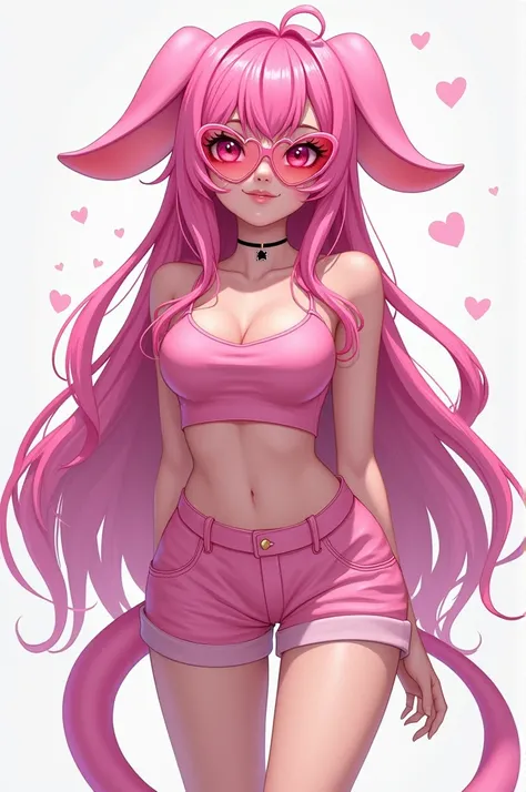 A teenager girl. She is extremely curvy, and has a slender waist. Her face is framed with long pink locks of hair. On her head, she wears a pair of pink heart sunglasses. Her eyes have think, dark, black lashes. Her irises are pink, and she has heart shape...