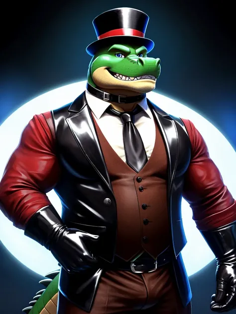 Solo, close up, Male, fat, extremely obese, gentleman, dapper Magician Brok the Alligator, blue eyes, wearing a top hat, wearing a glossy leather collar, wearing the leather collar and necktie at the same time, (posing:1.3), (soft shading), 4k, hi res, ((d...