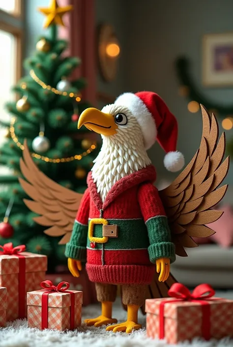 A cardboard eagle with Christmas clothes and Christmas gifts next to a Christmas tree 