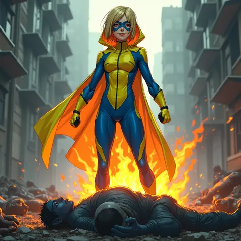  Masked Japanese teenager ,  superhero with short blonde hair ,  with fire powers and a tight yellow and blue neon suit with a hood,  stands triumphant over her body .  A happy smile crosses her lips .. Evil Wins ,  many dead bodies and destruction . 