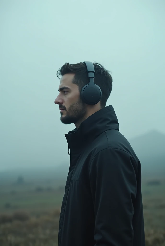 Man with black headphones from afar listening to music. video