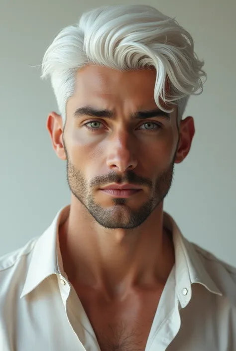 youthful handsome man, white hair, pretty