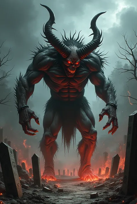 eddie,  Iron Maiden mascot with huge demonic horns, In a cemetery destroying the headstones in hell .