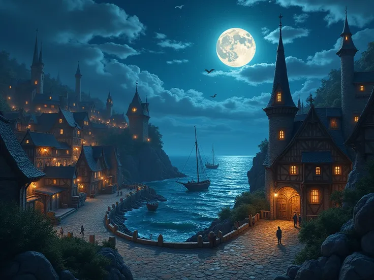  medieval fantasy world, coastal town, (two moons of different colors),  at night.