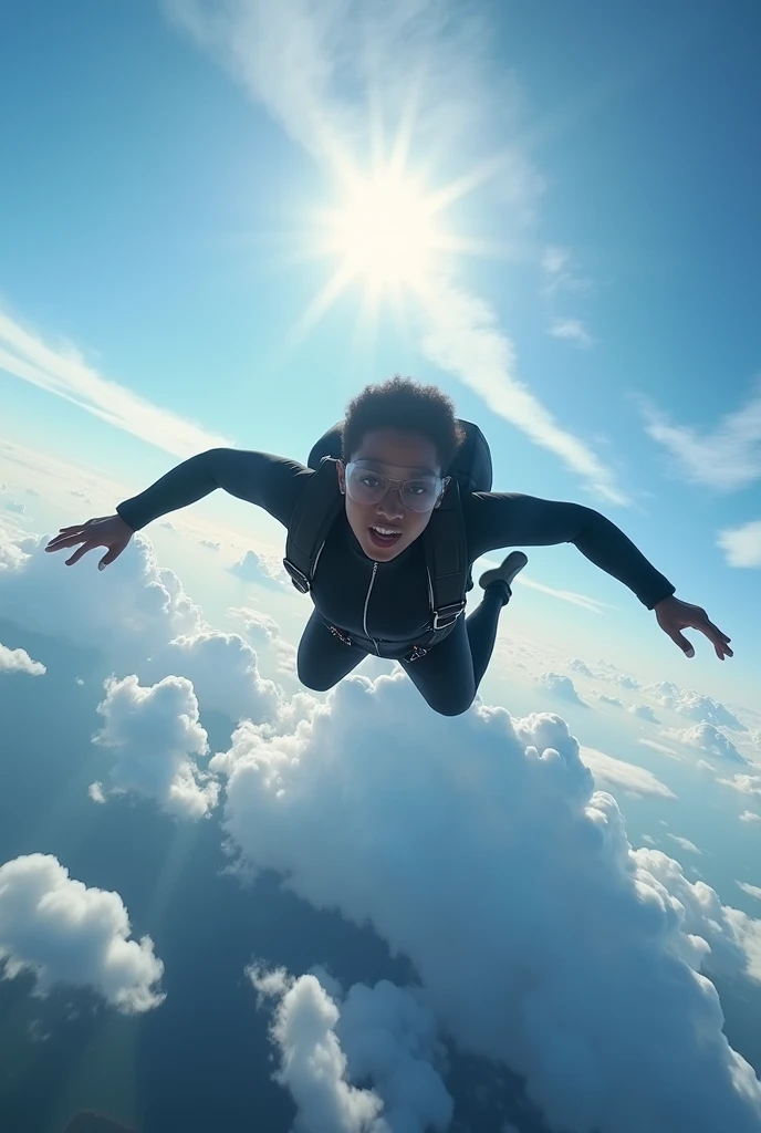  skydiver , black bodysuit with high altitude , Between the Clouds, Falling, Strong winds, blue sky, Sunshine, Line of trajectory , Stillness and movement,  expression with flowing background,  Realistic Details