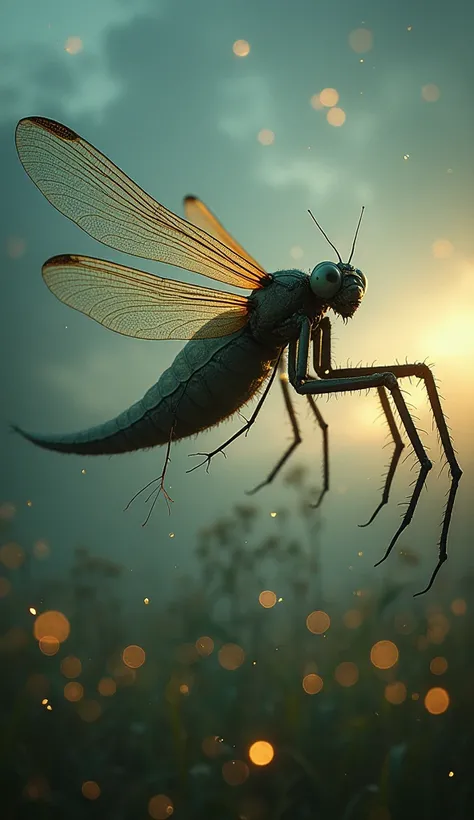 "A surreal artwork of a hybrid creature with the delicate, shimmering wings of a dragonfly but the segmented, spindly legs of a spider. Its body is long and iridescent like a dragonfly, but its abdomen is bulbous and intricately webbed, blending the charac...