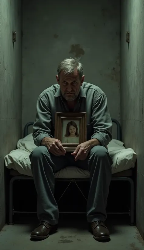 A small, dimly-lit prison cell where the man sits on a bed, holding a photo of his young daughter.