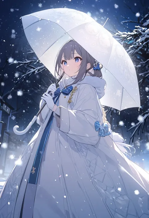 1 girl、Hold an umbrella、 snows、❄️、Night Sky