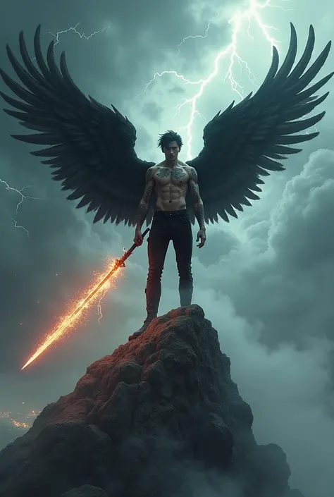 Asian male angel, 34 years old,  medium dark disheveled hair, huge black wings , chest and neck tattoos,  wearing a gothic black suit ,  holding a fiery sword at the top of a mountain with lots of thunder.
