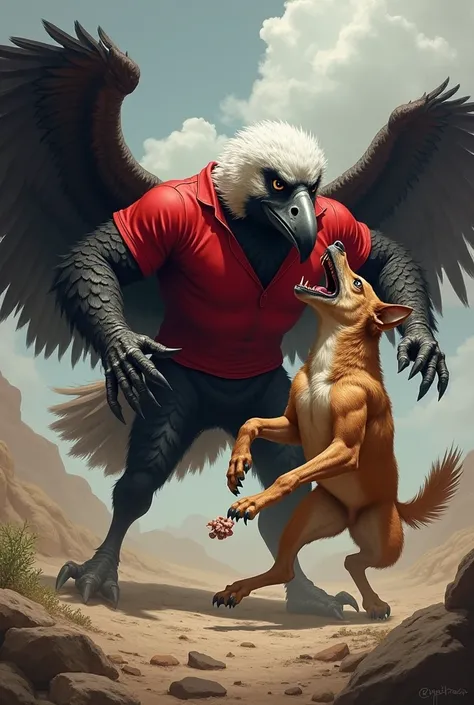 Red-shirted bodybuilder vulture fighting with a dog 