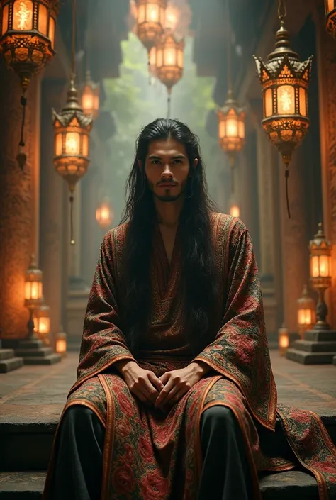  Incredible dragon transforming into a 30 old man, with long hair and java traditional clothing, sitting in a mystical temple illuminated by lanterns .