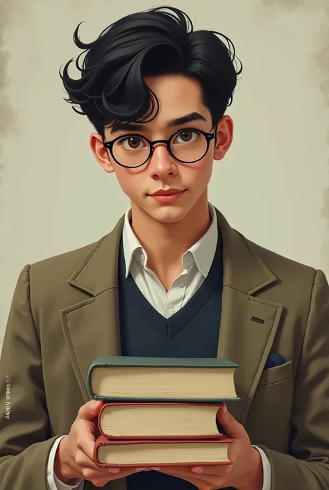 A handsome young man of 16 , mature face,  dark hair with a tuft ,   dark eyes, moreno,  glasses with an intellectual frame,   wearing dress ,  60s vintage style ,  holding books , more realistic image 