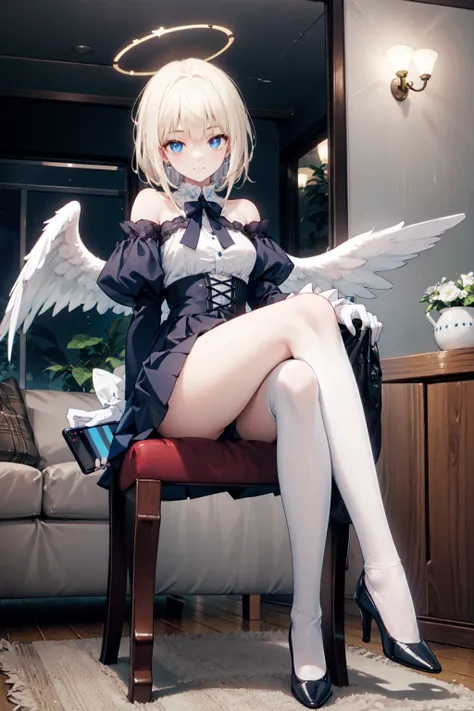  Very detailed ,   masterpiece  ,     is the best quality , ,     Soft Smile , Smile gently,  Modern style living room ， blue eyes,   long hair , blond,  bangs, Halo， blue and white off-the-shoulder pleated skirt，white lace socks 、Blue high heels、White glo...