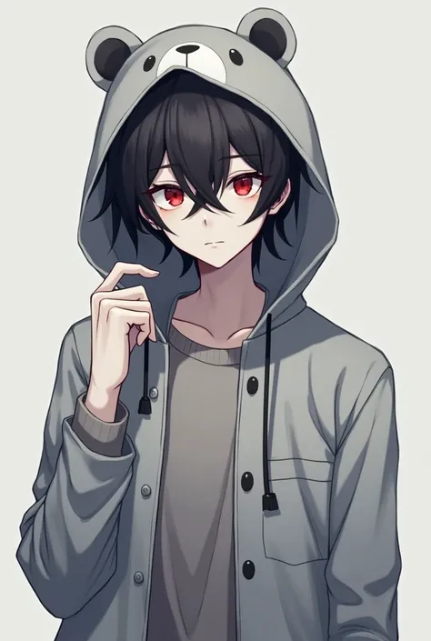 Anime boy with red eyes, black hair and pale skin with light gray jacket, black pants and gray and white bear hat