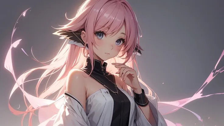 Female sylph healer, solo, medium pink hair in sombre layers, hazel eyes, looking at viewer, calm face, standing, plain gray background.