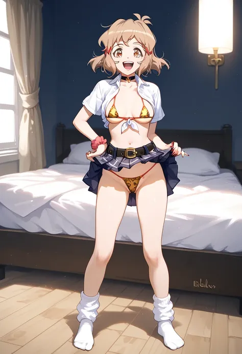 masterpiece, (((highest quality, perfect anatomy))), (full body), soft light, from front, ((from bellow)), at bedroom, standing, lift up skirt, lift up the skirt with ones hands, Show off your groin, laugh, 1girl, tachibana hibiki (symphogear), short hair,...