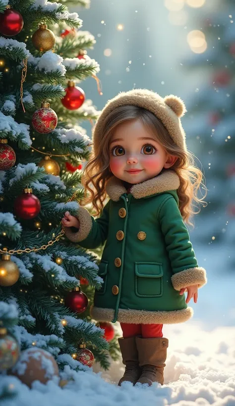 cute little ,   girl standing next to beautifully decorated Christmas tree. Dziewczynka ma  szeroki uśmiech, wearing a green jacket, which gives it an extremely friendly look .  The Christmas tree is decorated with colorful baubles and shiny chains. Tło ob...