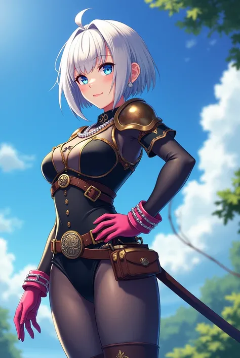 (masterpiece,  best quality:1.1), thief (dq3), 1 Girl,  unique , Short hair, White hair,  blue eyes,  medium chest , Pink gloves, jewelry, Pearl Necklace, earrings, belt, sword, Breastplate,  black onesie, Bag, (coin, sword on hip:1.2), (Hook of Holland,  ...