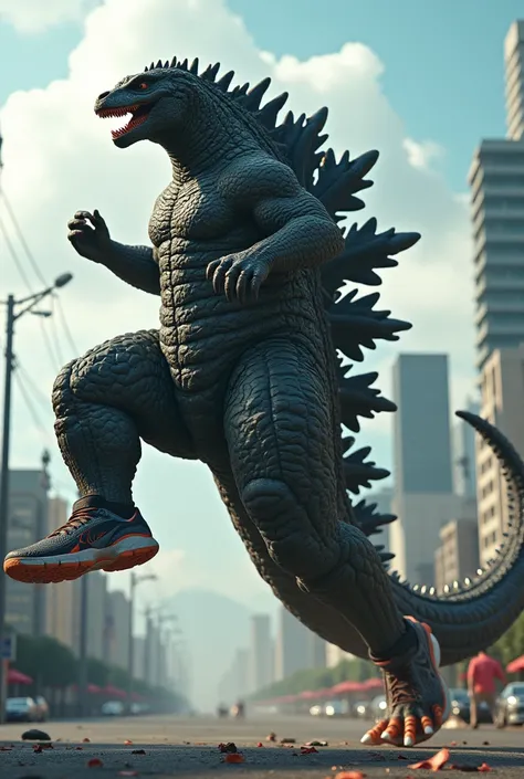 Godzilla wearing Nike sneakers while doing a basketball dive 