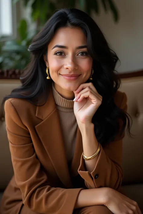 Generate a very realistic and natural photo of a 35-year-old Brazilian woman with long and wavy black hair ,  golden earrings, light makeup,  smiling she is wearing a brown blazer beige shirt brown pants sitting on an elegant sofa she is on her side with h...