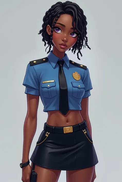 A black female solo, she is small with an athletic body and a slim waist. She has short black braided hair purple eyes and lips. She is wearing a short sleeve blue police uniform top with a black leather tie. She has on a black leather skirt and blue sneak...